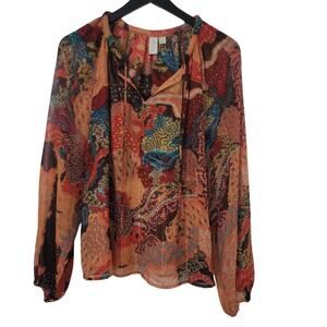 Joie Sheer Blouse‎ Floral Long Sleeve Tie Neck Top Multicolor Maximalism Boho M
